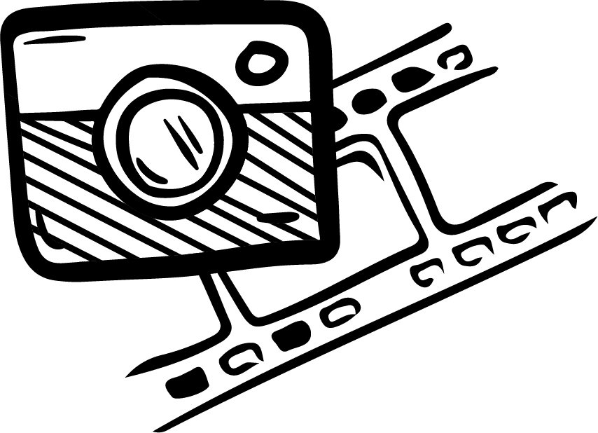 Eine stilisierte Zeichnung einer Kamera mit einem Filmstreifen, schwarz-weiß skizziert.